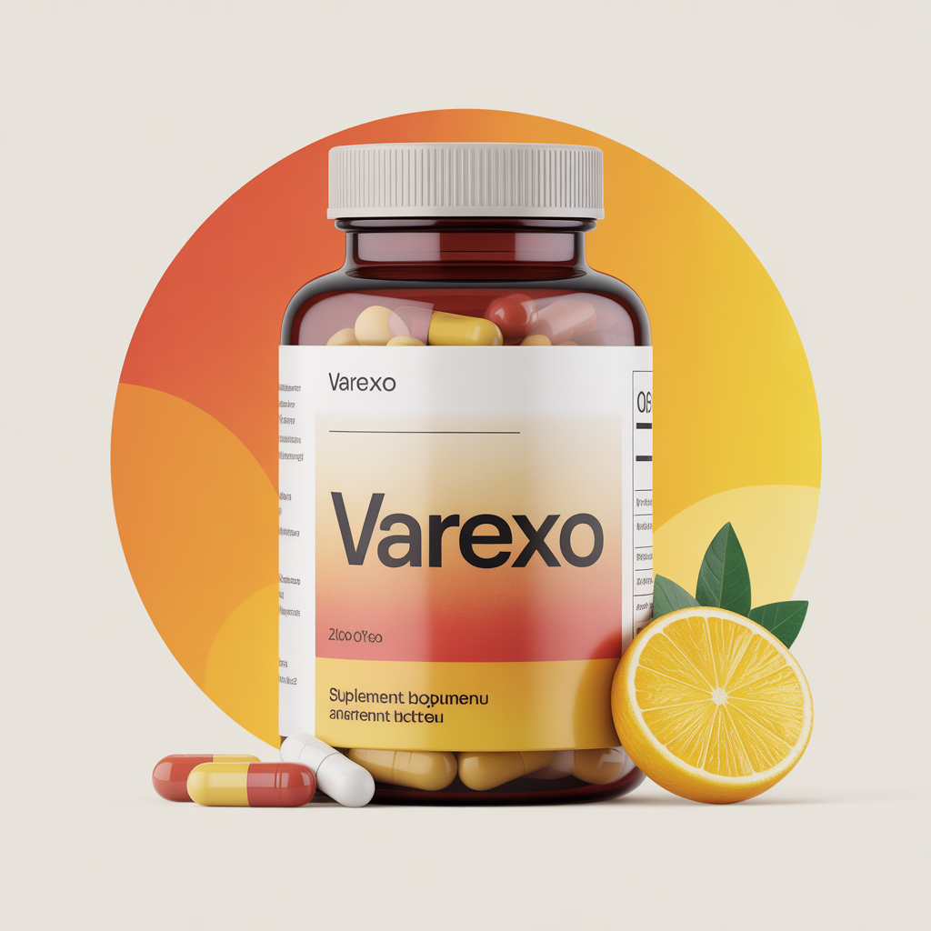 Varexo supplement bottle illustration with warm yellow gradient label